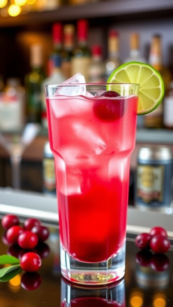 A vibrant cranberry vodka splash cocktail in a clear glass with ice, garnished with cranberries and lime, set against a stylish bar backdrop.